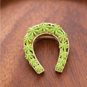 Vintage Green Floral Horseshoe Brooch | Enamel Good Luck Pin